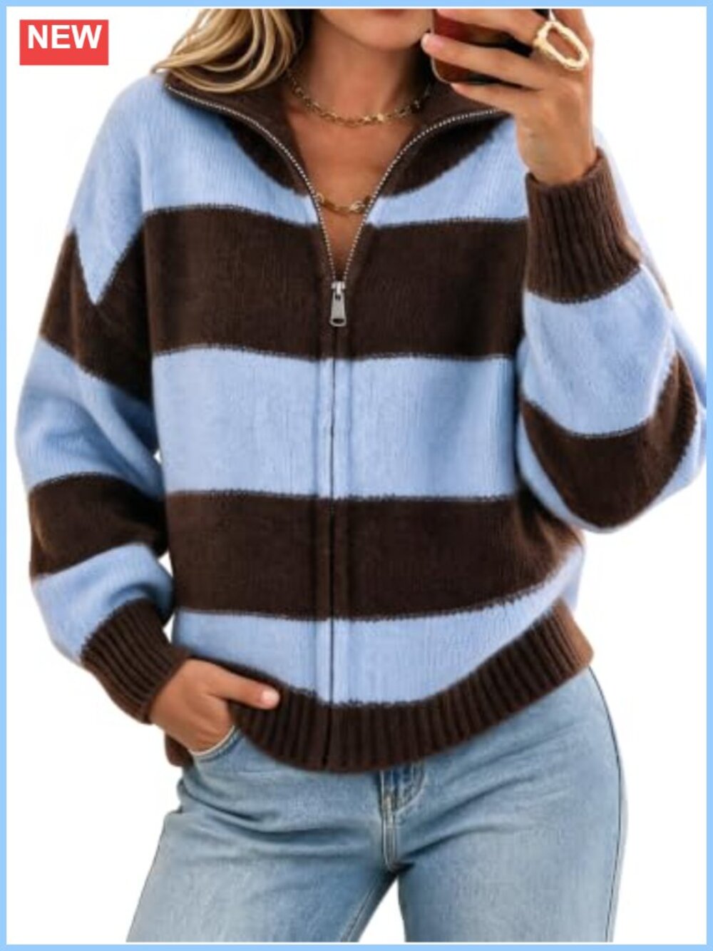 Striped Color Block Zip Up Knit Cardigan Sweater Long Sleeve High Neck